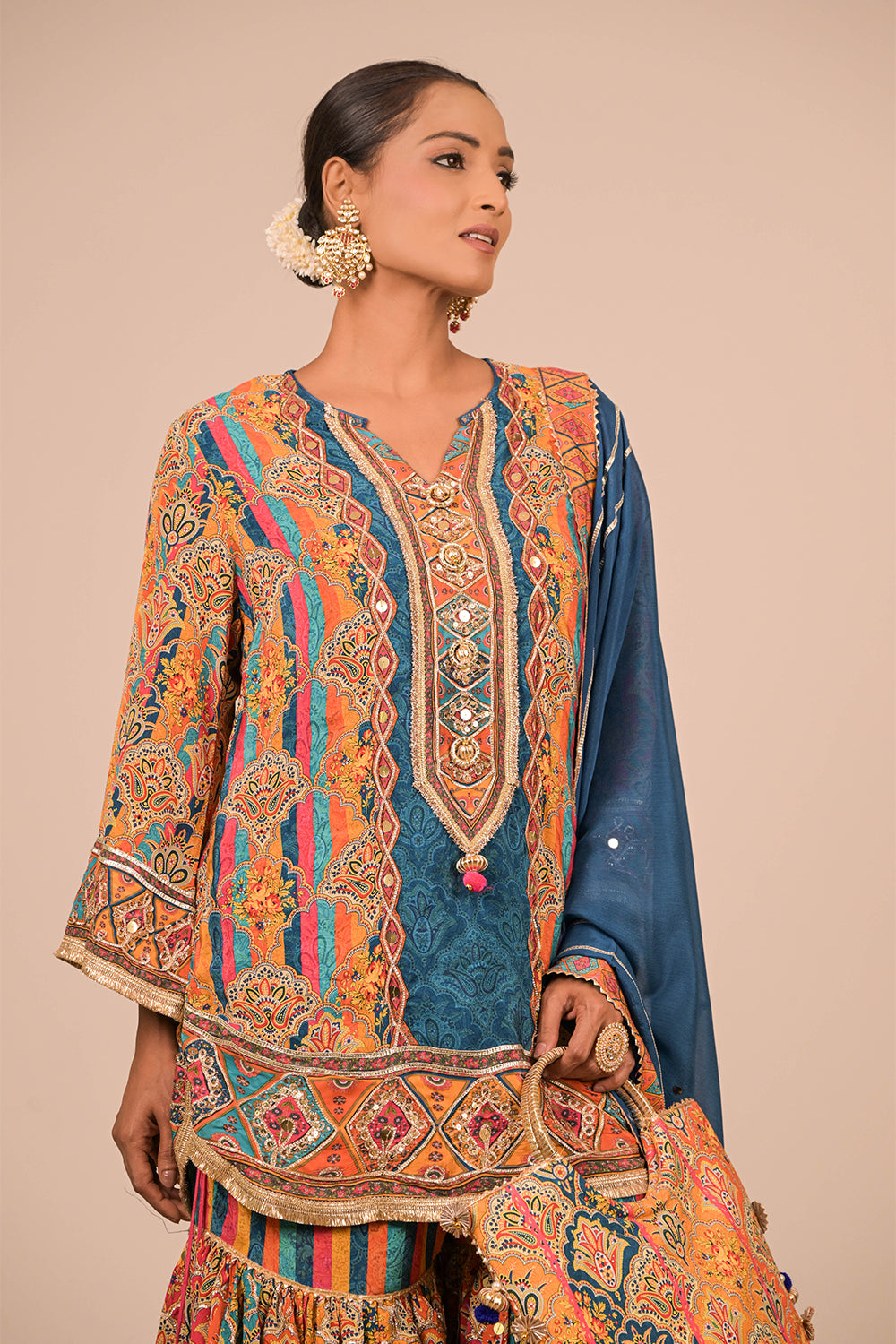 Sapphire Blue Crepe Sharara Set with Canvas Tote Bag with Vibrant Print Motifs