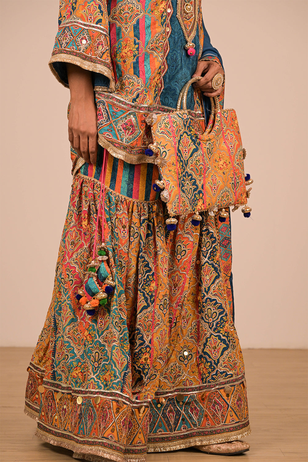 Sapphire Blue Crepe Sharara Set with Canvas Tote Bag with Vibrant Print Motifs