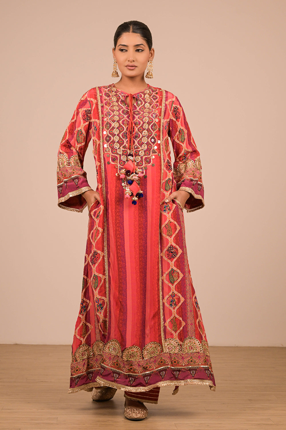 Vibrant Persian Red A-Line Suit In Crepe with Dupatta & Canvas Tote Bag