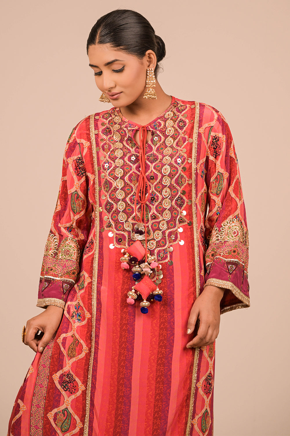 Vibrant Persian Red A-Line Suit In Crepe with Dupatta & Canvas Tote Bag