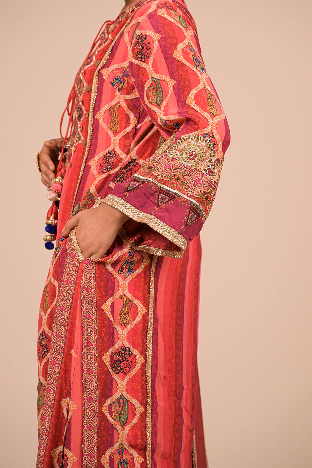 Vibrant Persian Red A-Line Suit In Crepe with Dupatta & Canvas Tote Bag