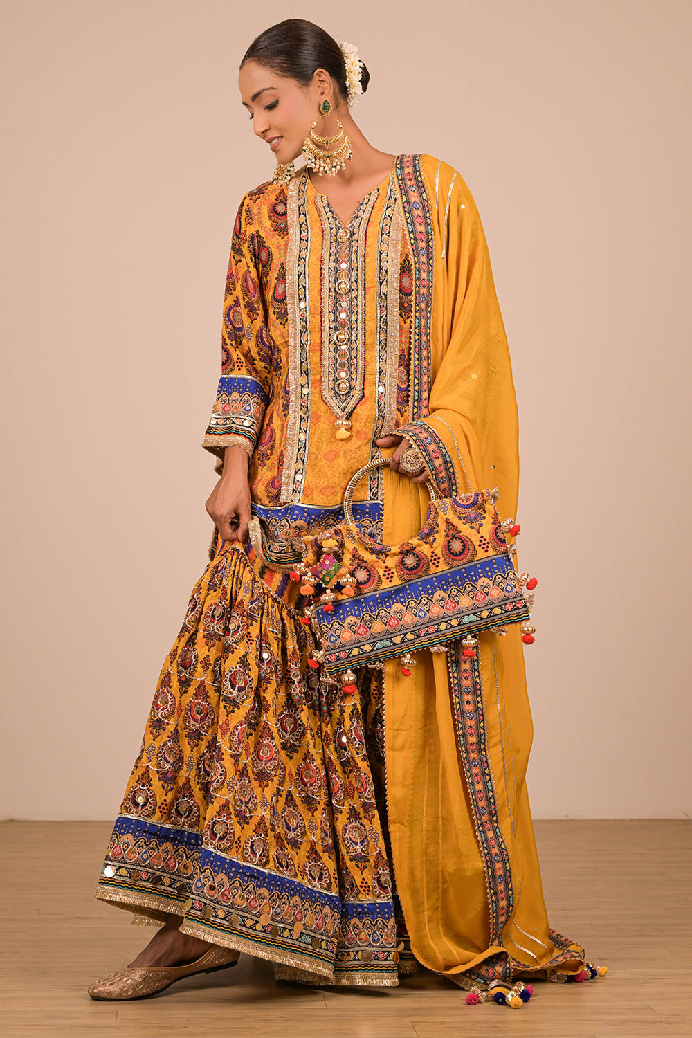 Yellow Crepe Sharara Set with Canvas Tote Bag with Vibrant Print Motifs