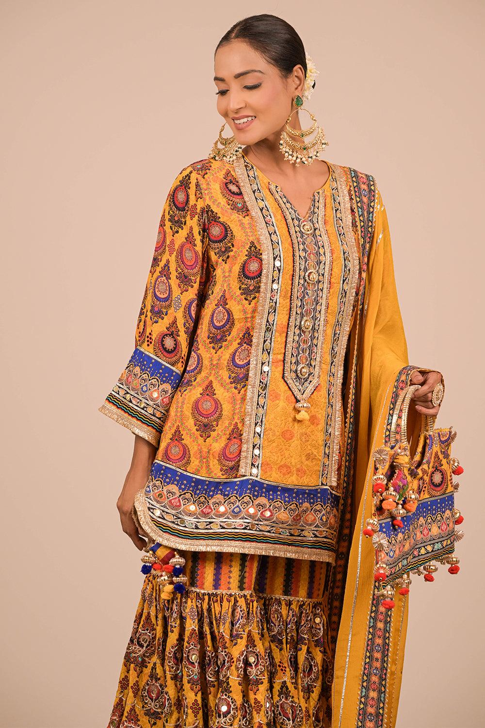 Yellow Crepe Sharara Set with Canvas Tote Bag with Vibrant Print Motifs