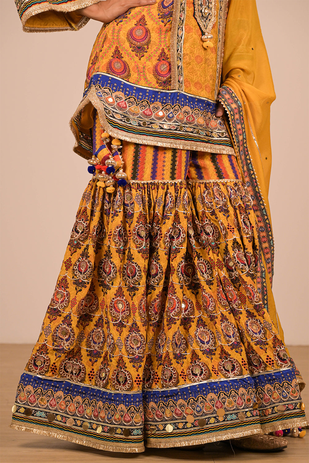 Yellow Crepe Sharara Set with Canvas Tote Bag with Vibrant Print Motifs