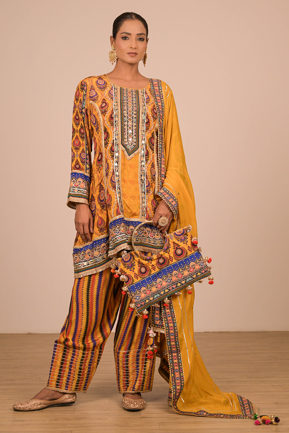 Yellow Crepe Suit Set with Farsi Salwar with Canvas Tote Bag