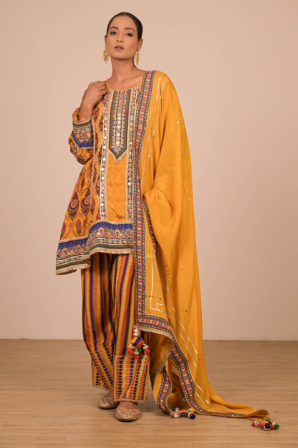 Yellow Crepe Suit Set with Farsi Salwar with Canvas Tote Bag