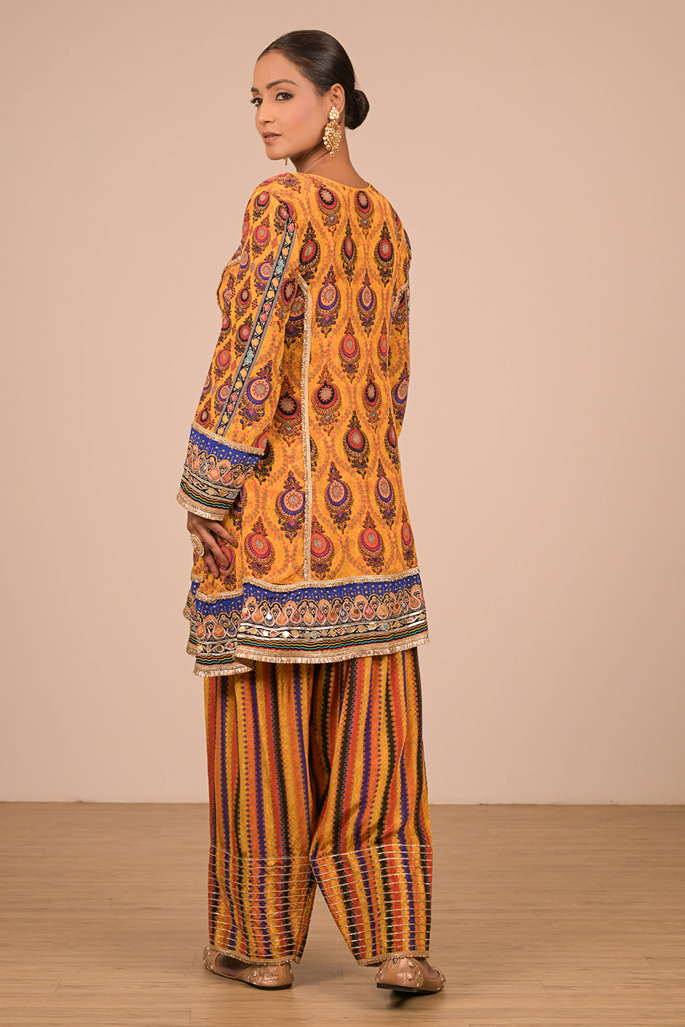 Yellow Crepe Suit Set with Farsi Salwar with Canvas Tote Bag