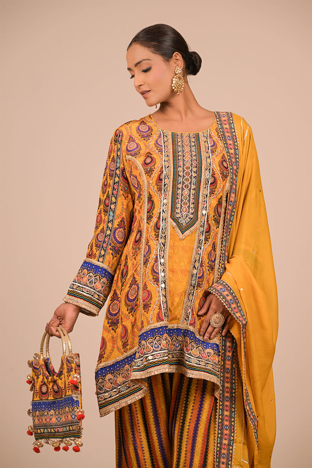 Yellow Crepe Suit Set with Farsi Salwar with Canvas Tote Bag