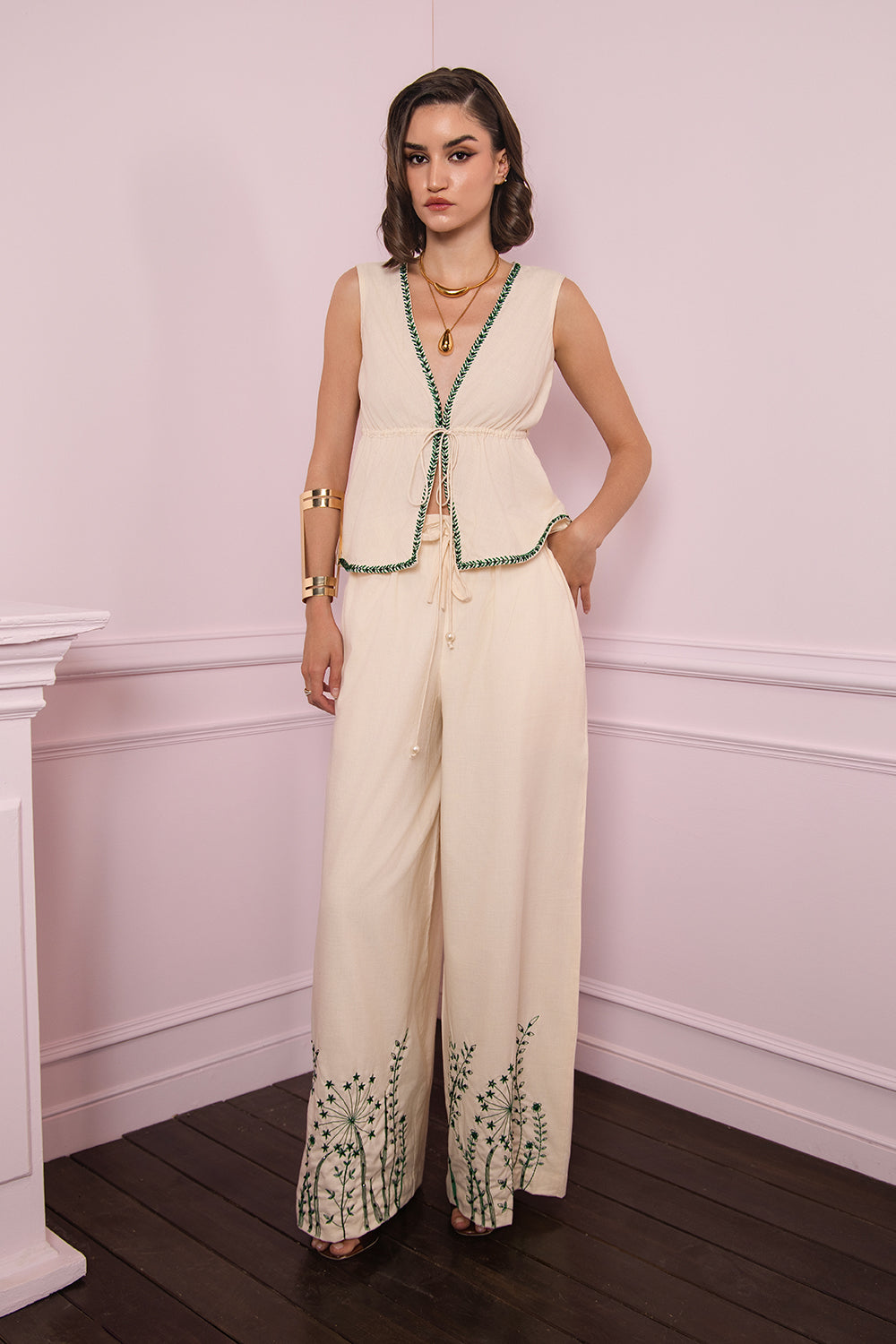 Ivory Bloom Embroidered Pant Set