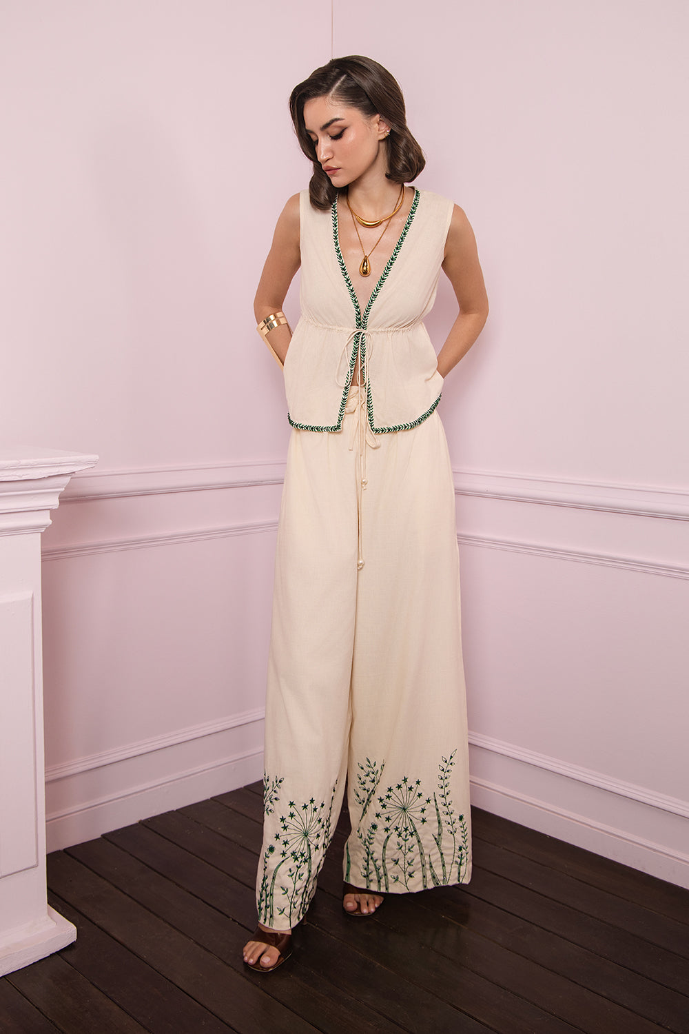 Ivory Bloom Embroidered Pant Set