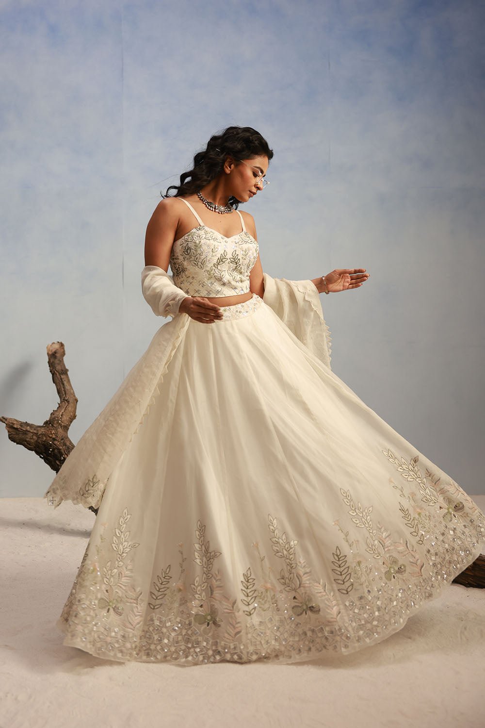 Ivory Bridal Lehenga With All-Over Sequin And Thread Embroidery
