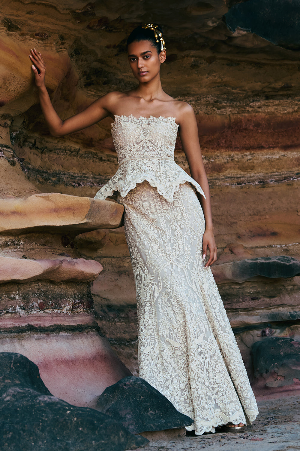 Ivory Carmine Tube Peplum With Mermaid Skirt Set