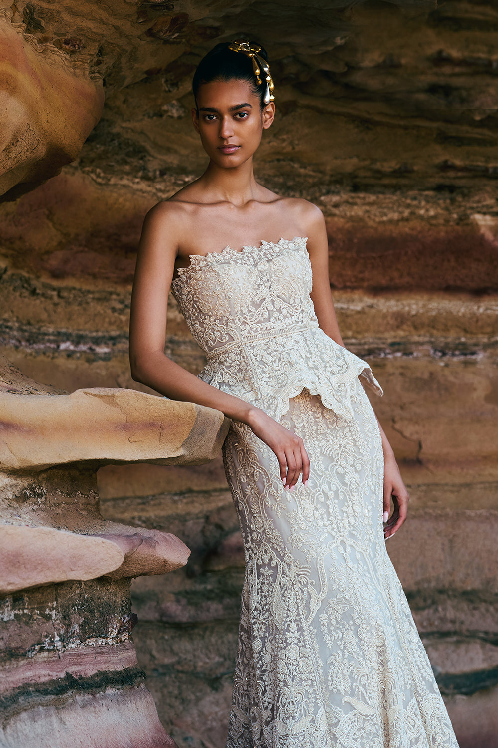 Ivory Carmine Tube Peplum With Mermaid Skirt Set