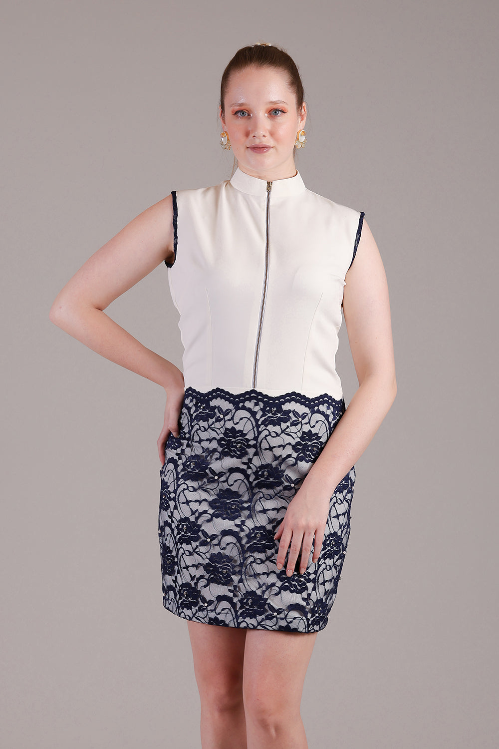 Ivory dress with black lace skirt, crystals highlighting on skirt