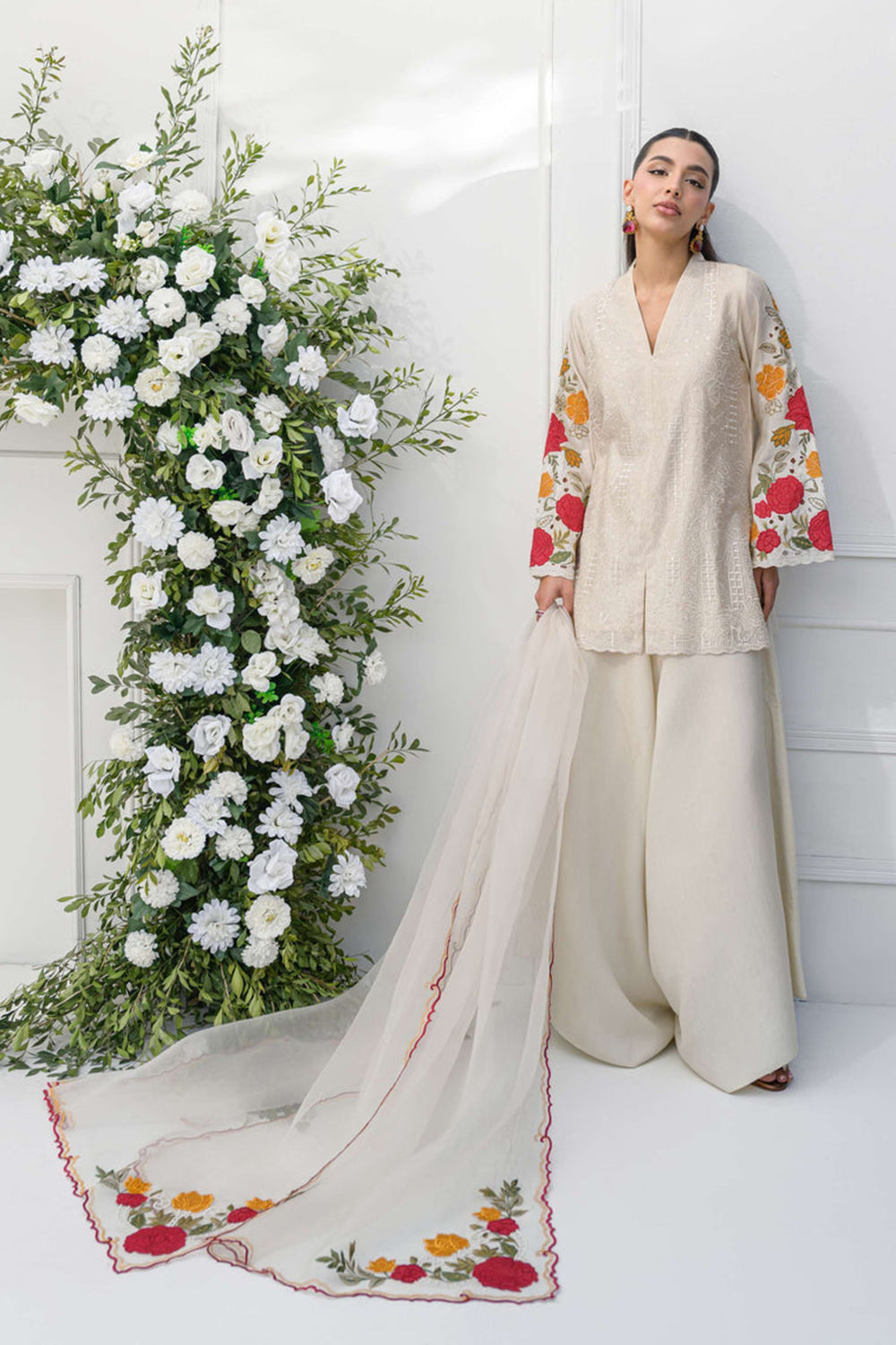 Ivory Embroidered Cotton Kurta with Palazzo Salwar & Dupatta