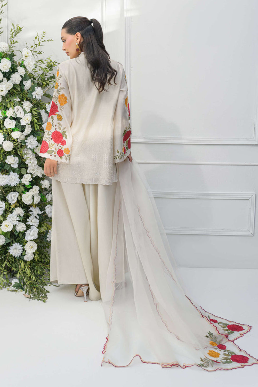 Ivory Embroidered Cotton Kurta with Palazzo Salwar & Dupatta