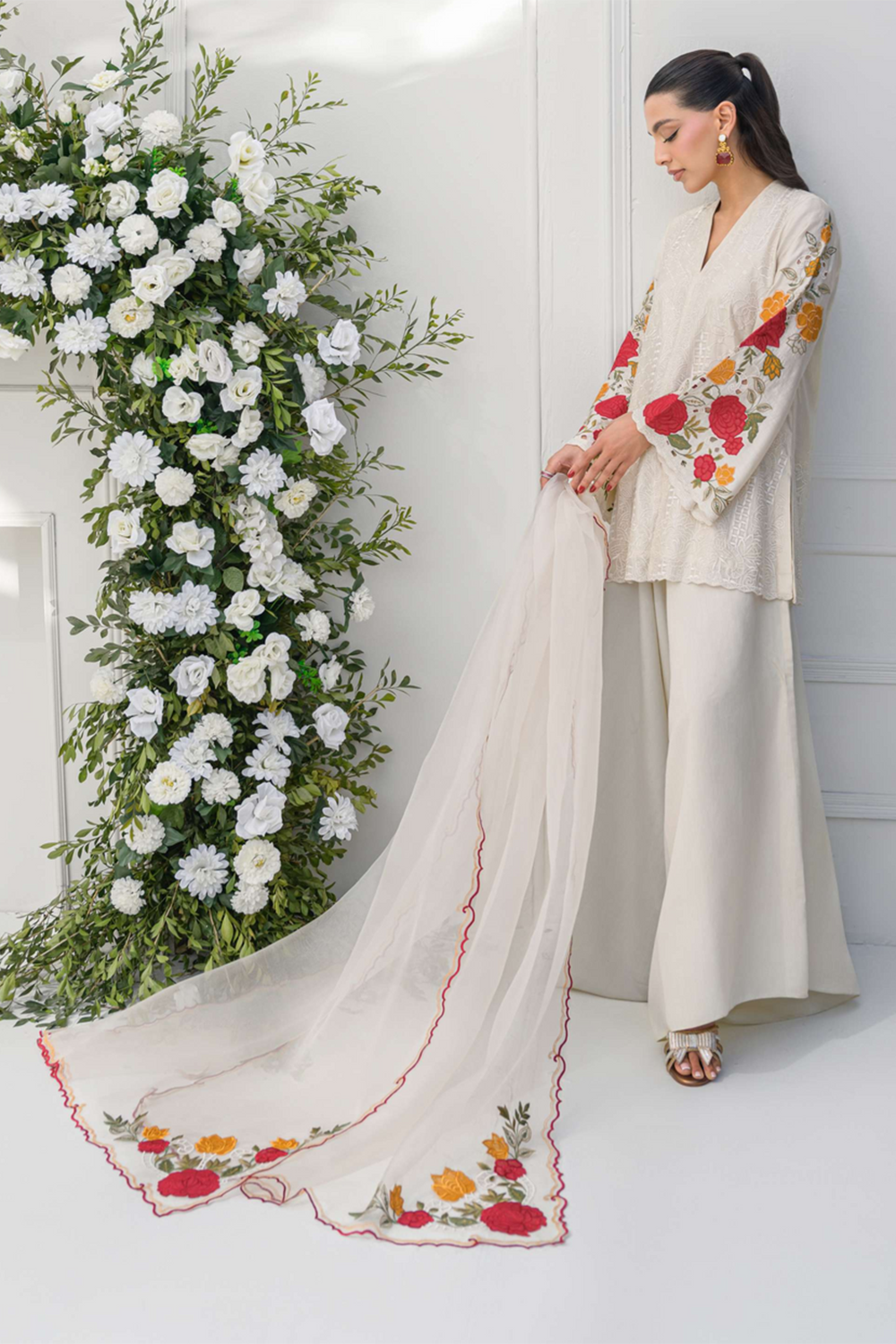 Ivory Embroidered Cotton Kurta with Palazzo Salwar & Dupatta