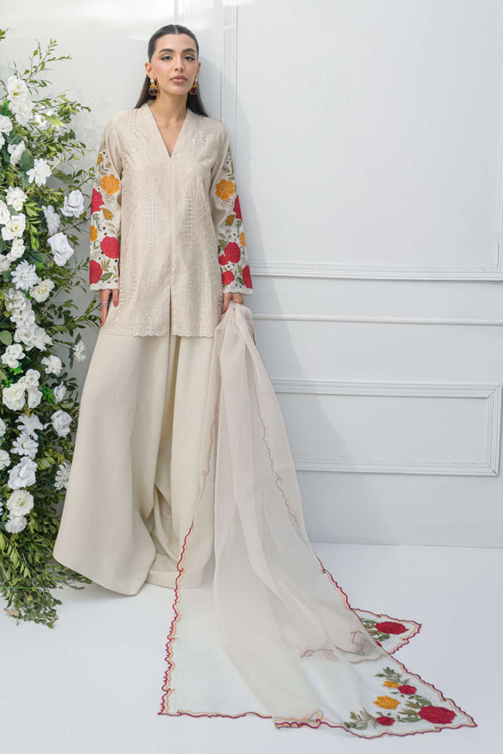 Ivory Embroidered Cotton Kurta with Palazzo Salwar & Dupatta