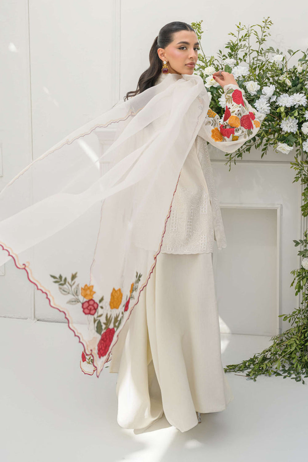 Ivory Embroidered Cotton Kurta with Palazzo Salwar & Dupatta
