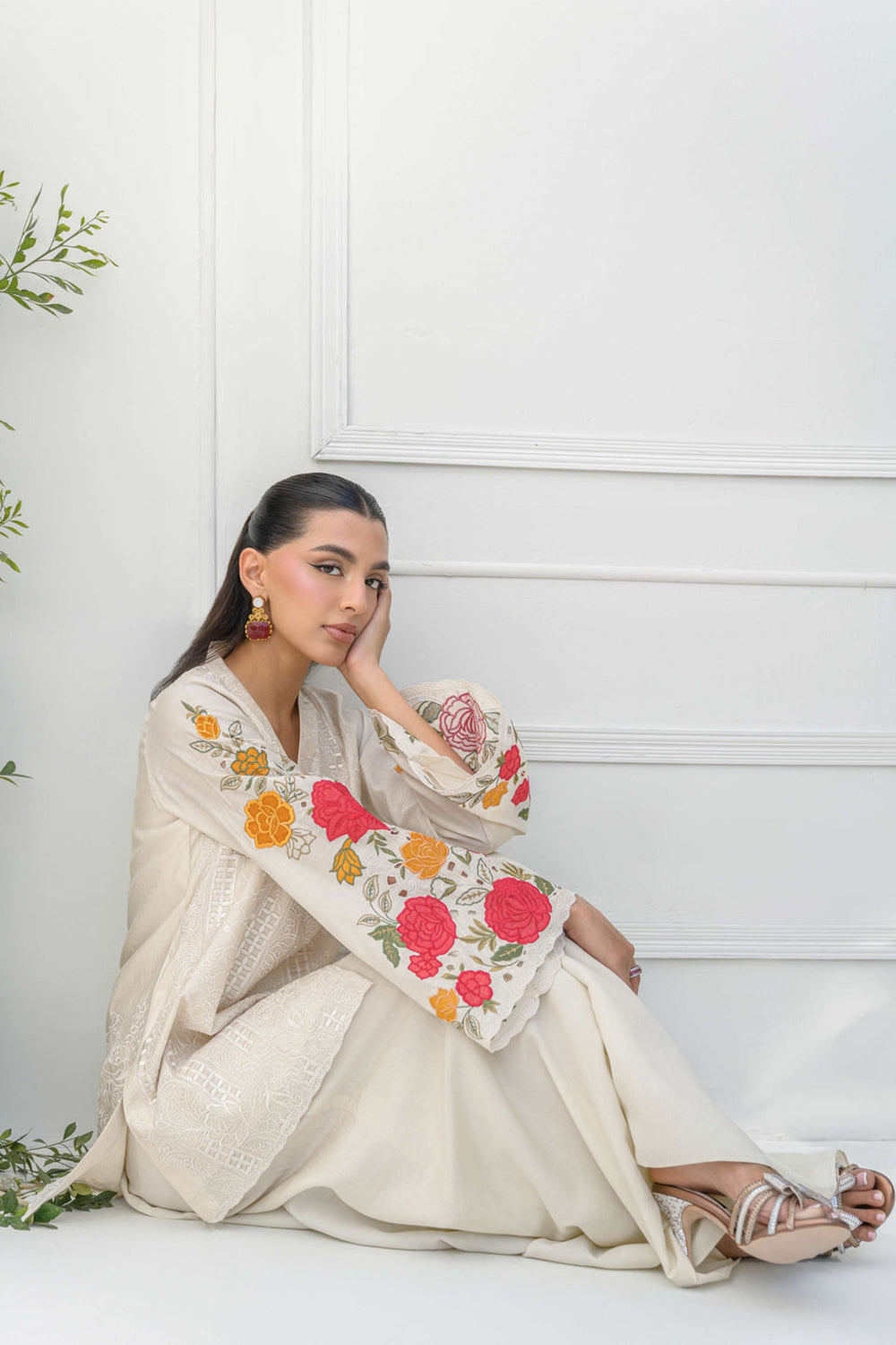 Ivory Embroidered Cotton Kurta with Palazzo Salwar & Dupatta