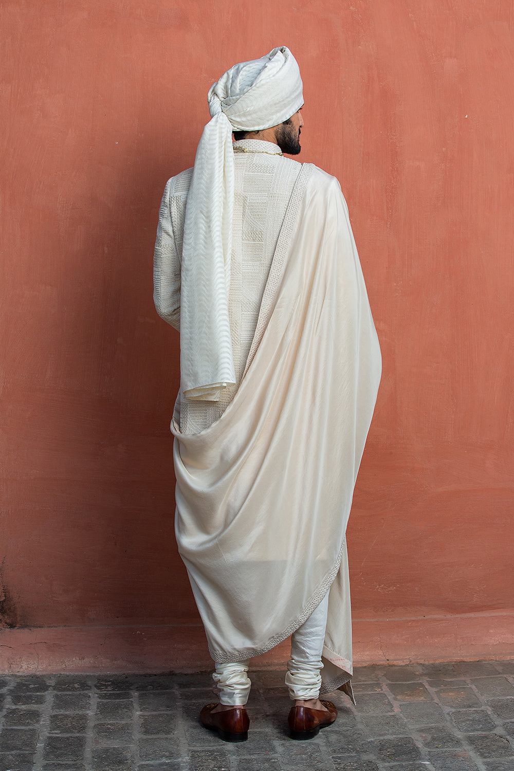 Ivory Geometric Embroidered Achkan With Monga Kurt And Churidar