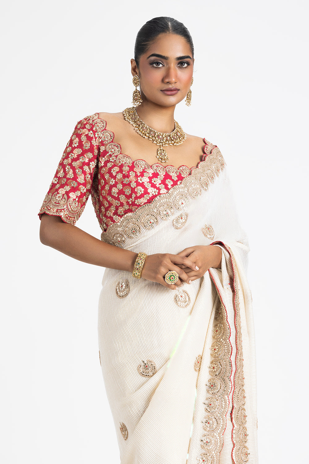 Ivory Georgette Lurex Weave Saree