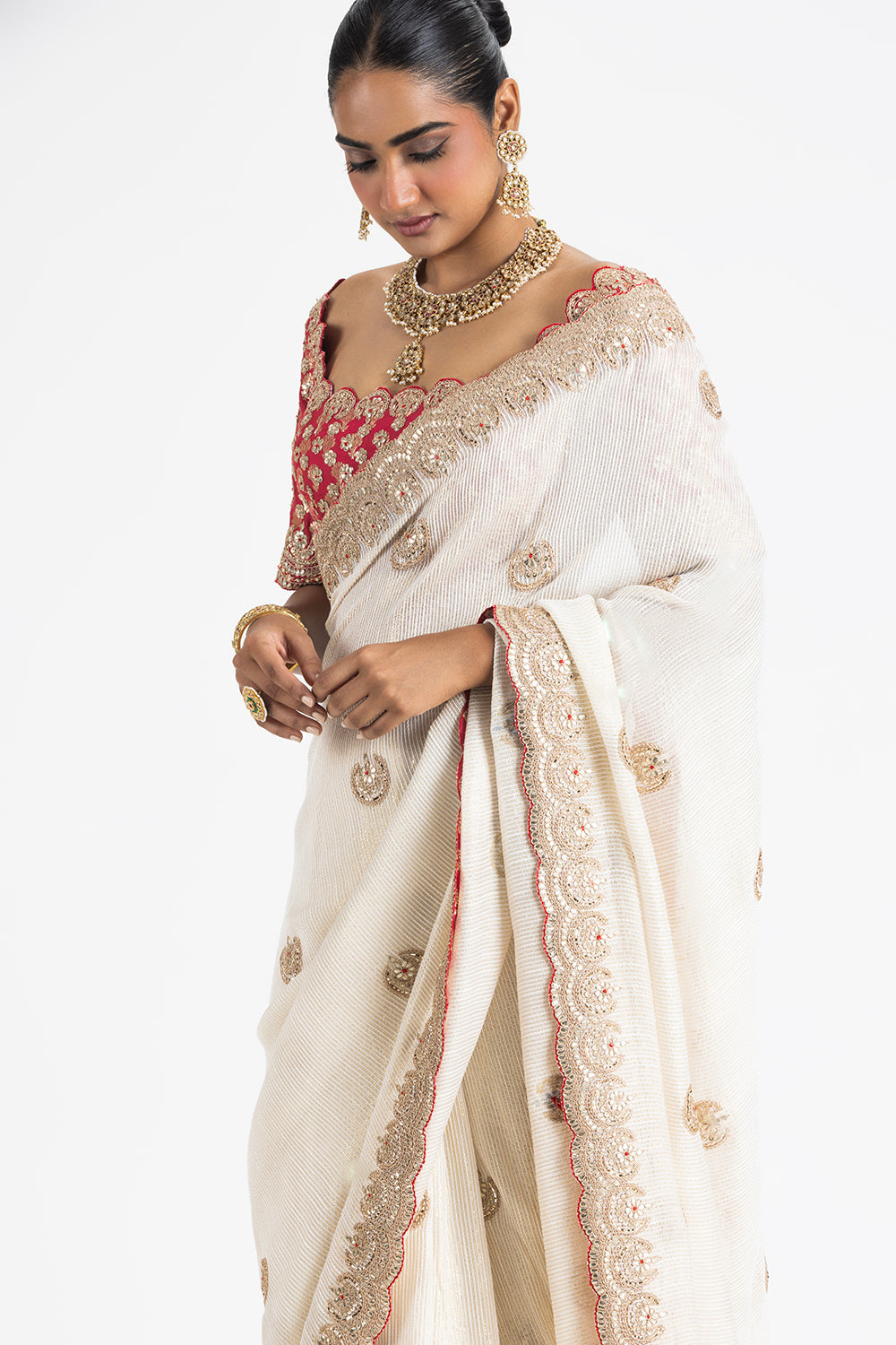 Ivory Georgette Lurex Weave Saree