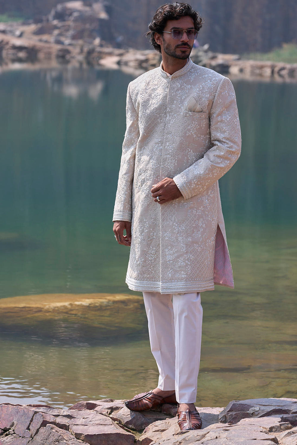 Ivory Moss Creeper Geometric Amber Zardozi Sherwani Set