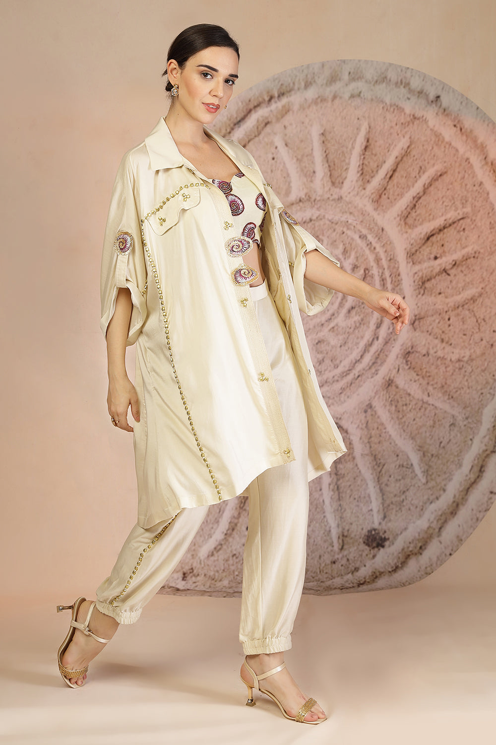 Ivory Muslin Co-ord Set with Shrug and Bead Embellishments