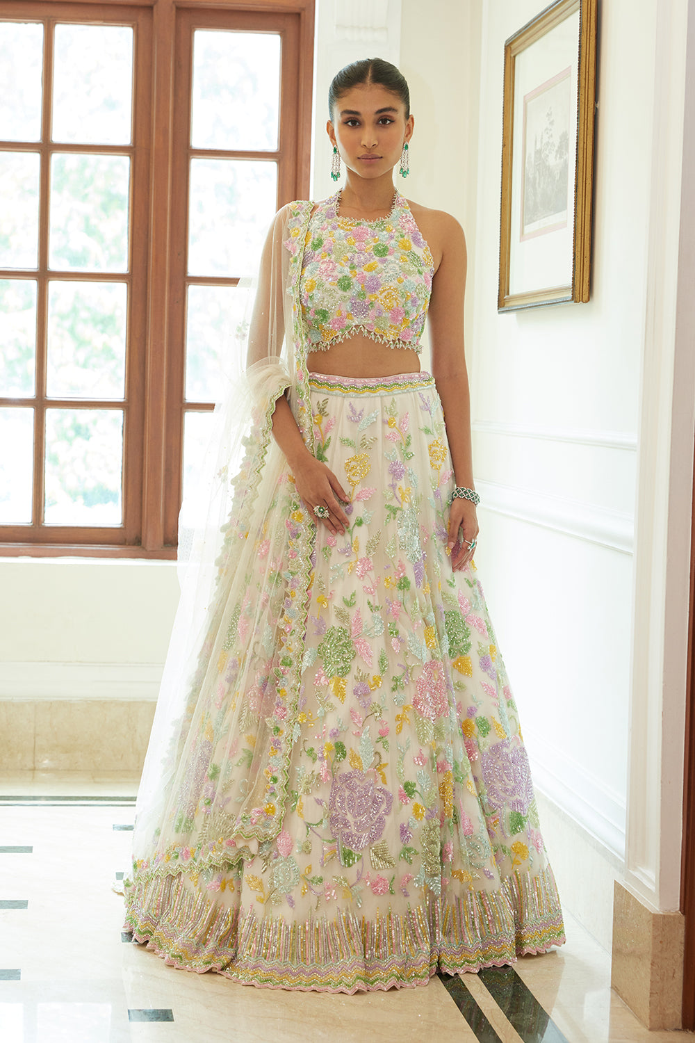 Ivory Net Lehenga Choli Dupatta Set