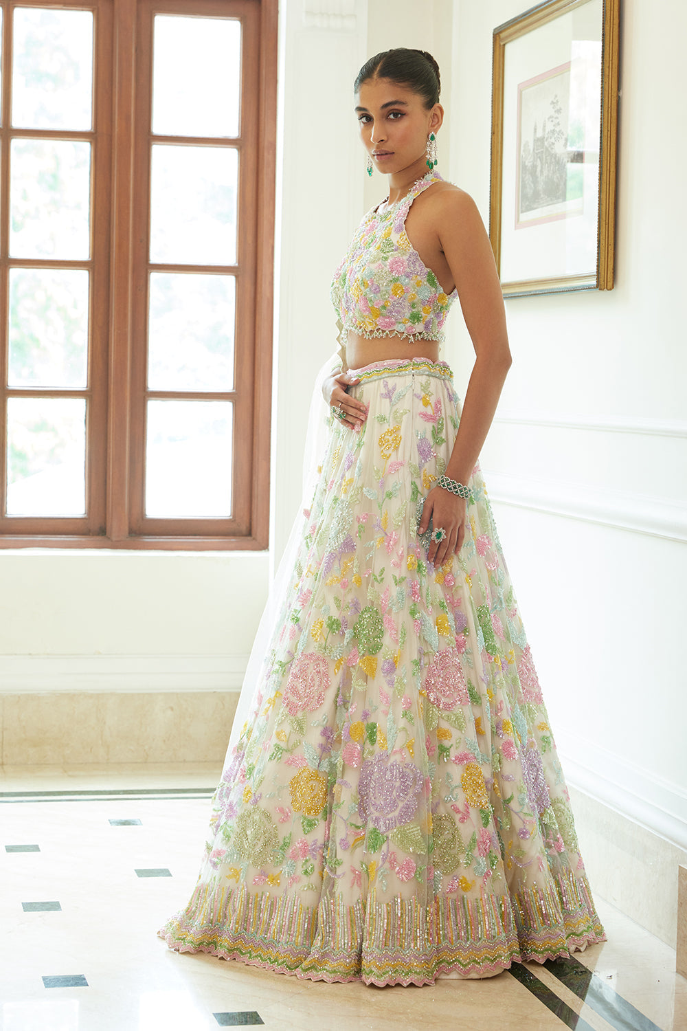 Ivory Net Lehenga Choli Dupatta Set