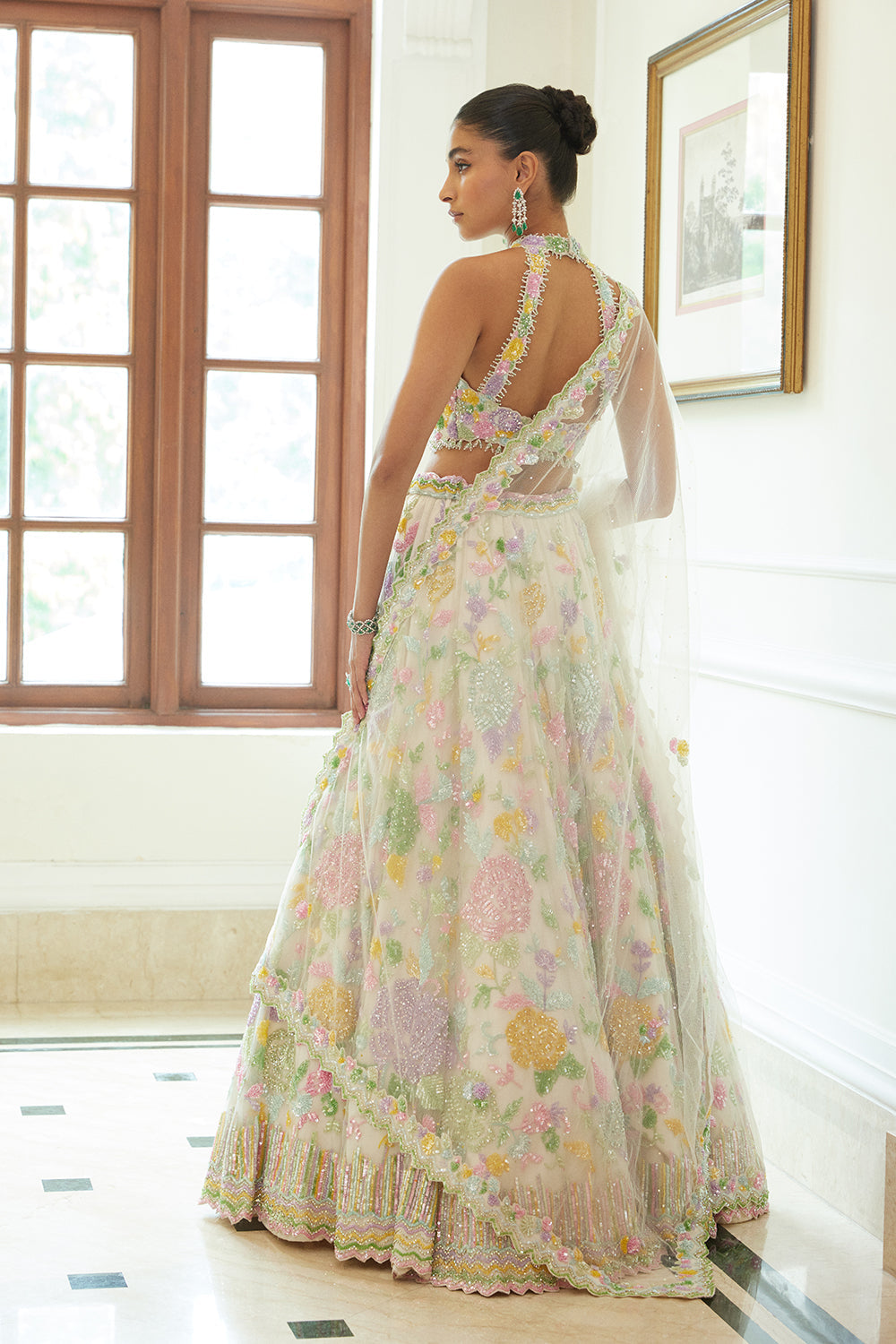 Ivory Net Lehenga Choli Dupatta Set