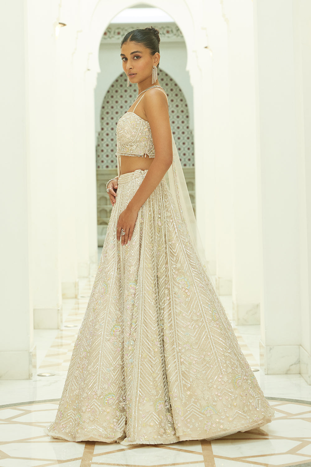 Ivory Net Lehenga Choli Dupatta Set