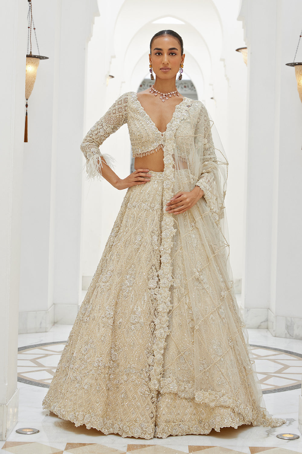 Ivory Net Lehenga Choli Dupatta Set