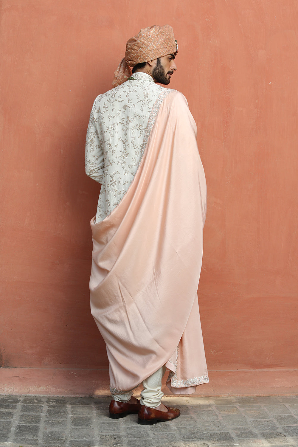Ivory Raw Silk Embroidered Sherwani With Monga Tassar Silk Kurta And Churidar