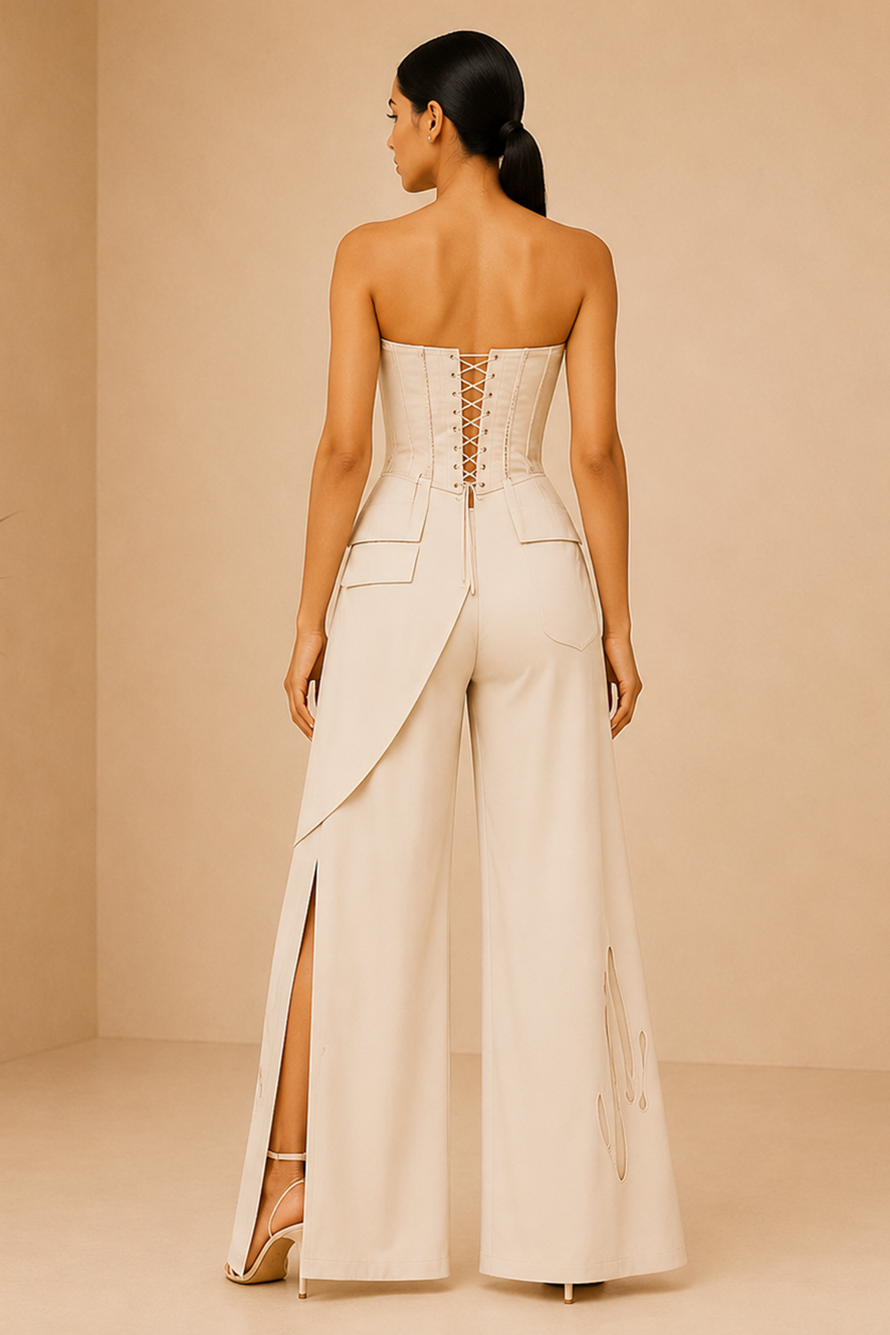 Ivory Sand Strapless Corset Top & Drape Wide-Leg Pants Co-Ord Set