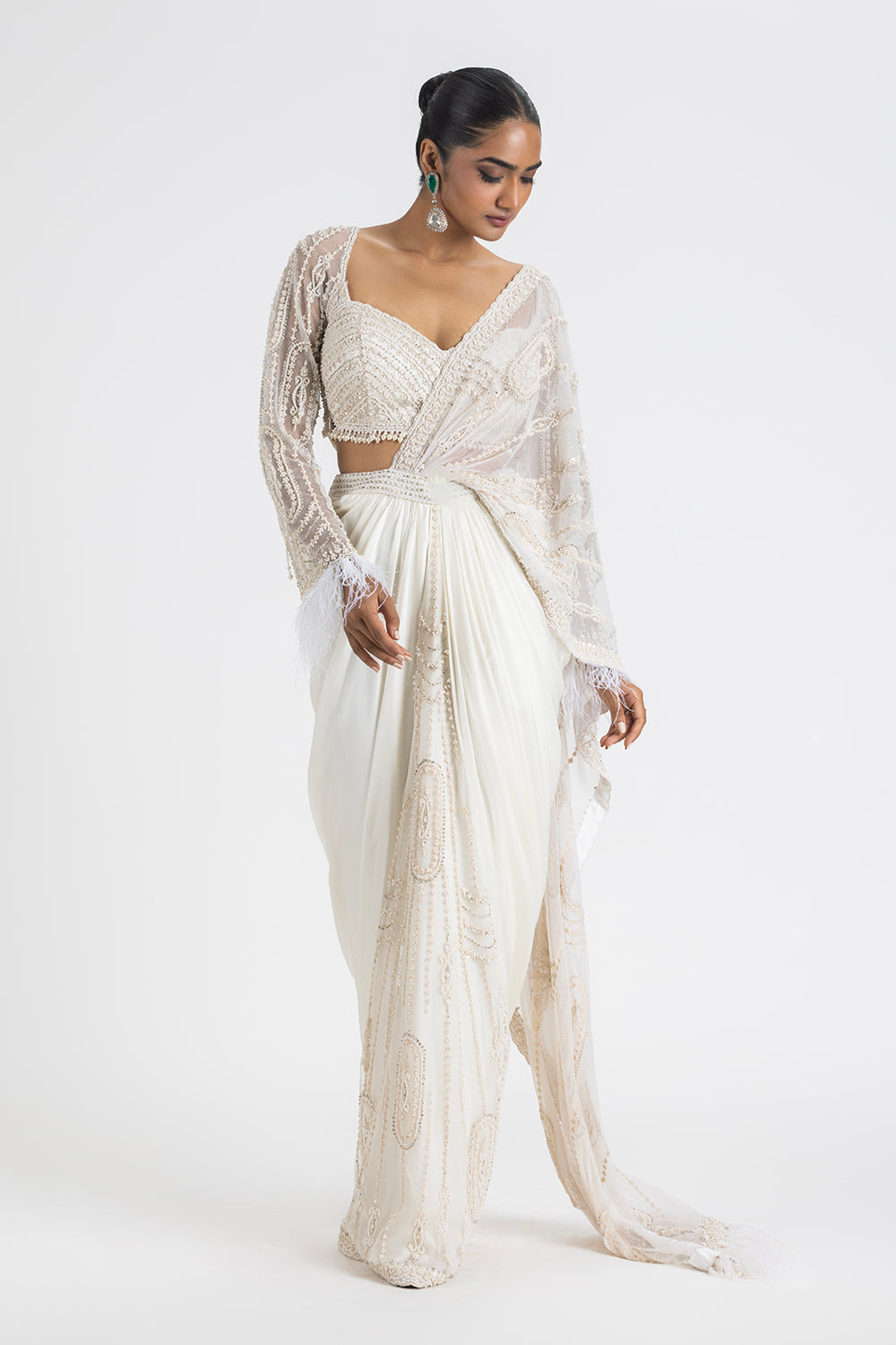 Ivory Satin Draped Saree