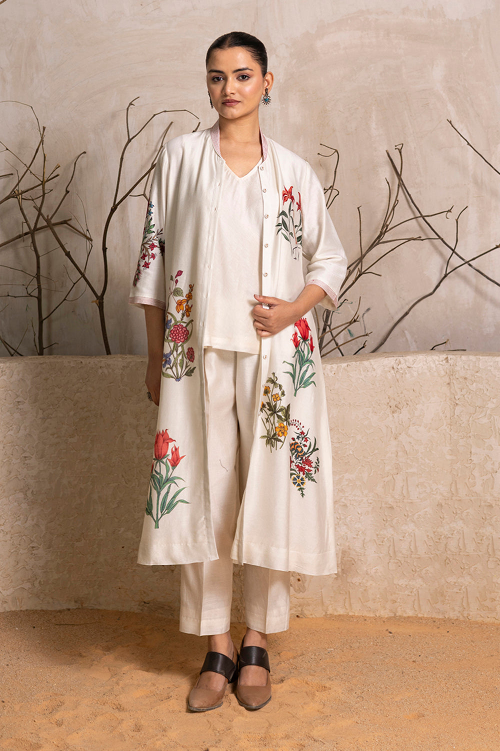 Ivory Silk Chanderi Floral Printed Front Open Dress
