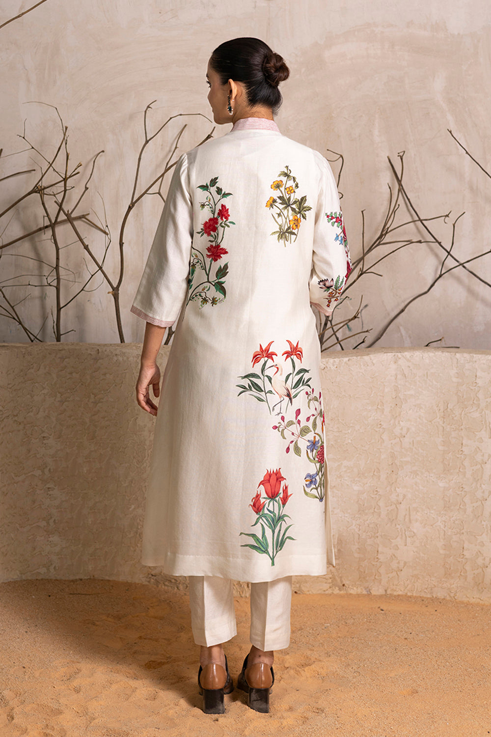 Ivory Silk Chanderi Floral Printed Front Open Dress