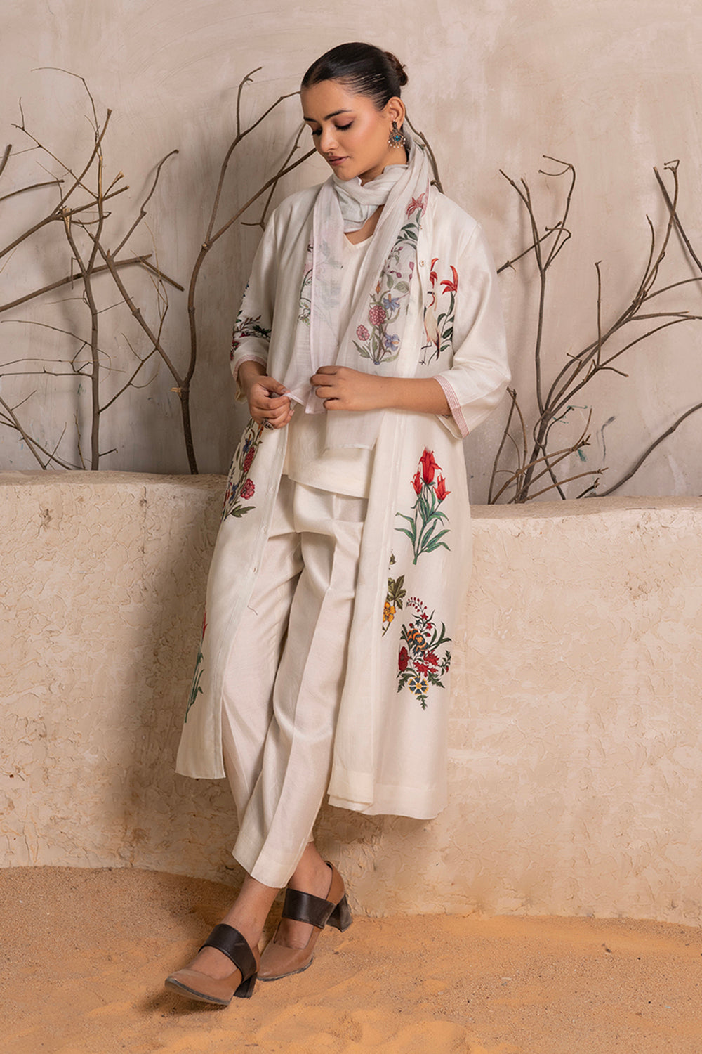 Ivory Silk Chanderi Floral Printed Front Open Dress