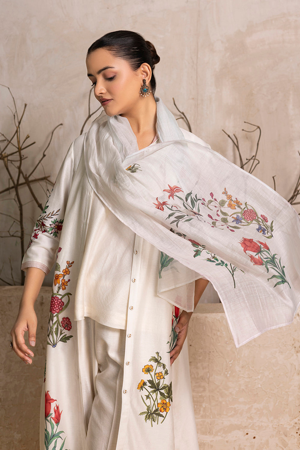 Ivory Silk Chanderi Floral Printed Stole