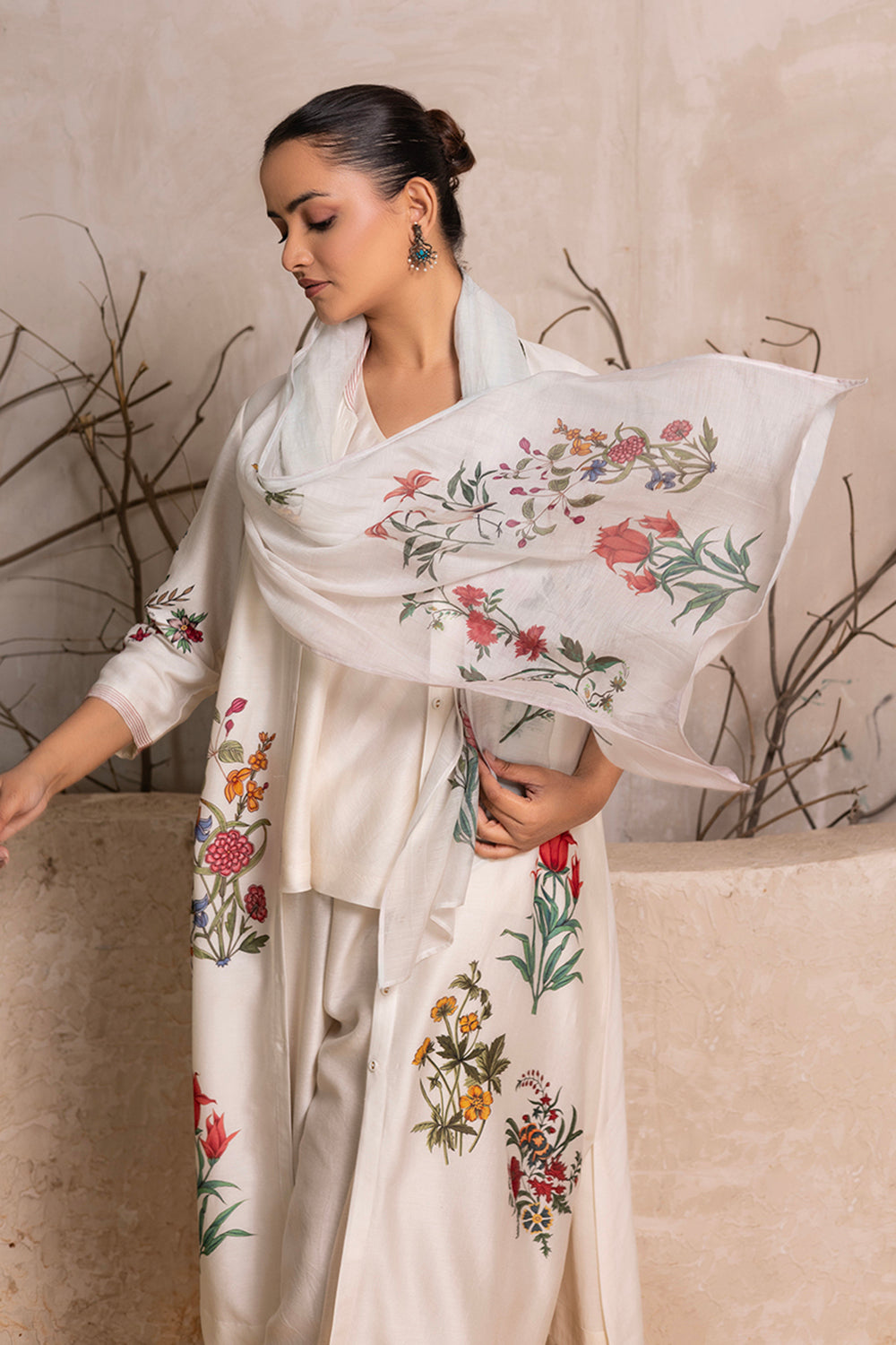 Ivory Silk Chanderi Floral Printed Stole
