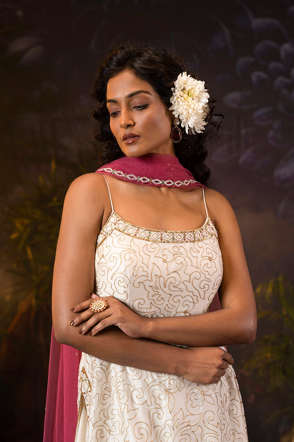 Ivory Silk Chanderi Spaghetti Kurti,Sharara Set Paired With Onion Pink Dupatta