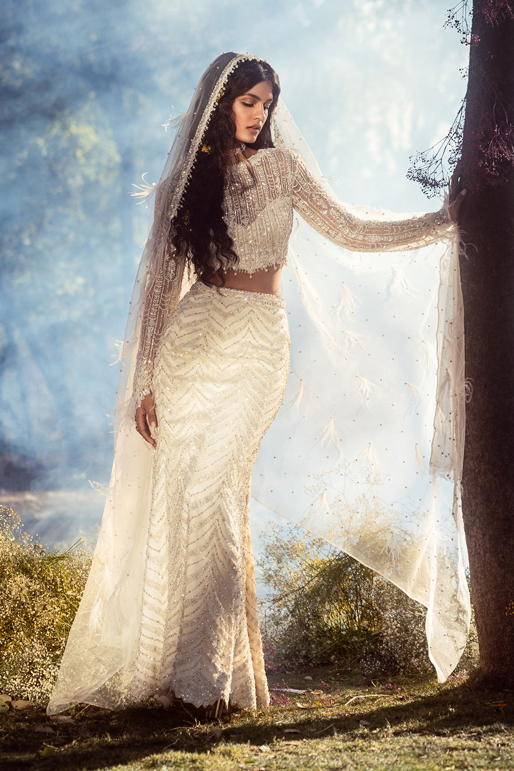 Ivory Skirt With Blouse And Veil