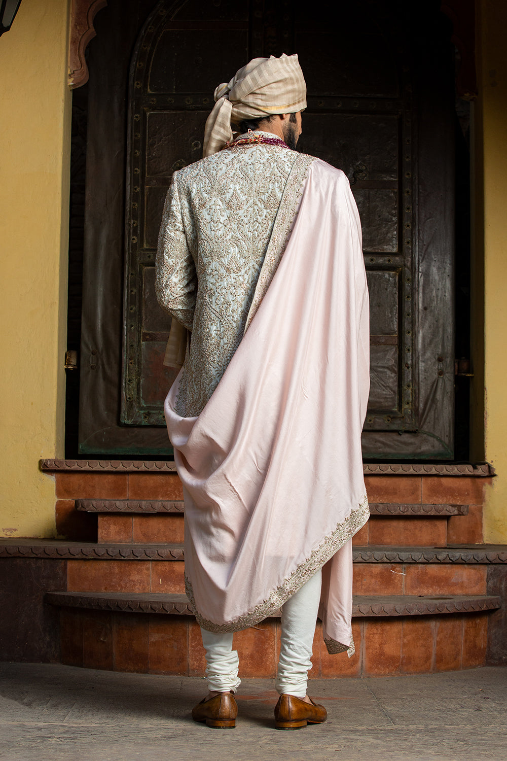 Ivory Tafetta Achkan  All Over Embroidered With Monga Kurta And Churidar