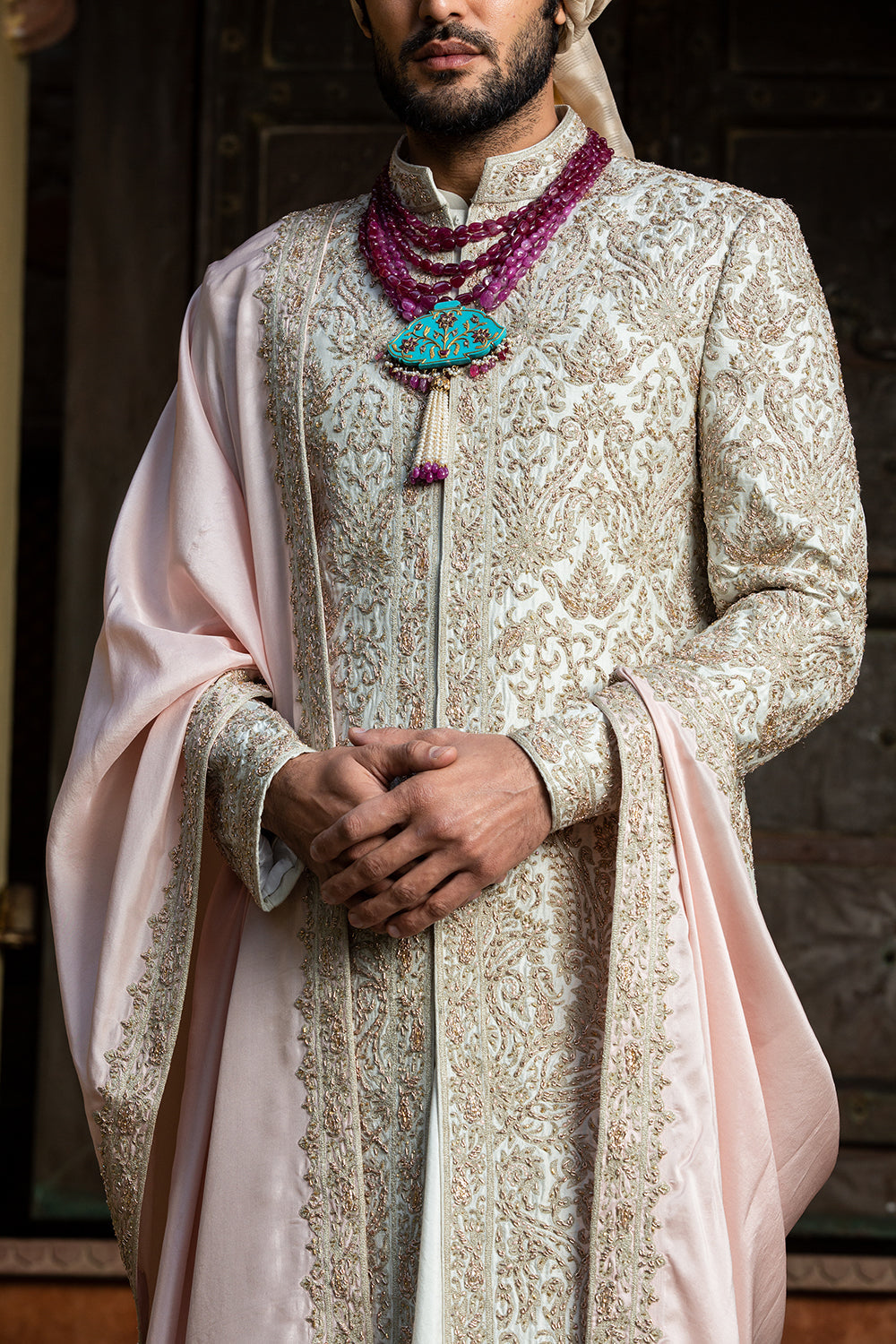 Ivory Tafetta Achkan  All Over Embroidered With Monga Kurta And Churidar