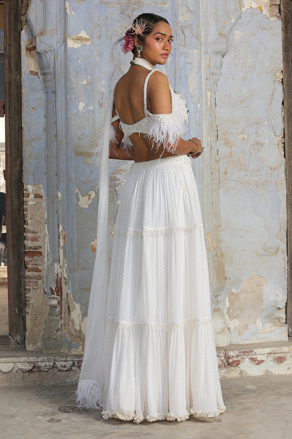 Ivory Tiered Drape Saree