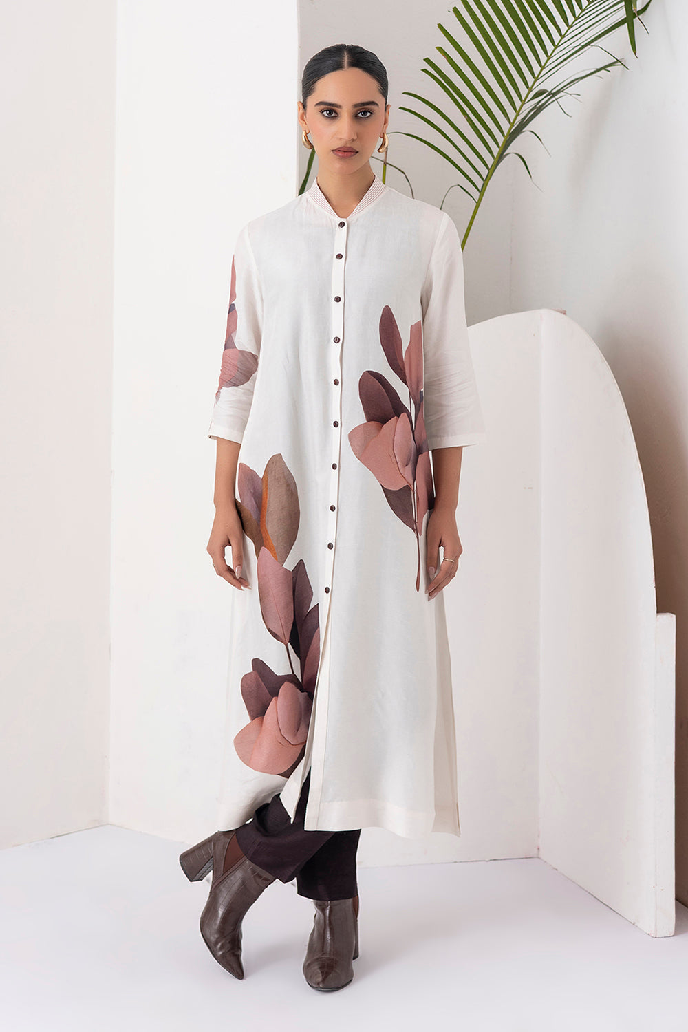 Ivory Viscose Dupion Leaf Printed Dress