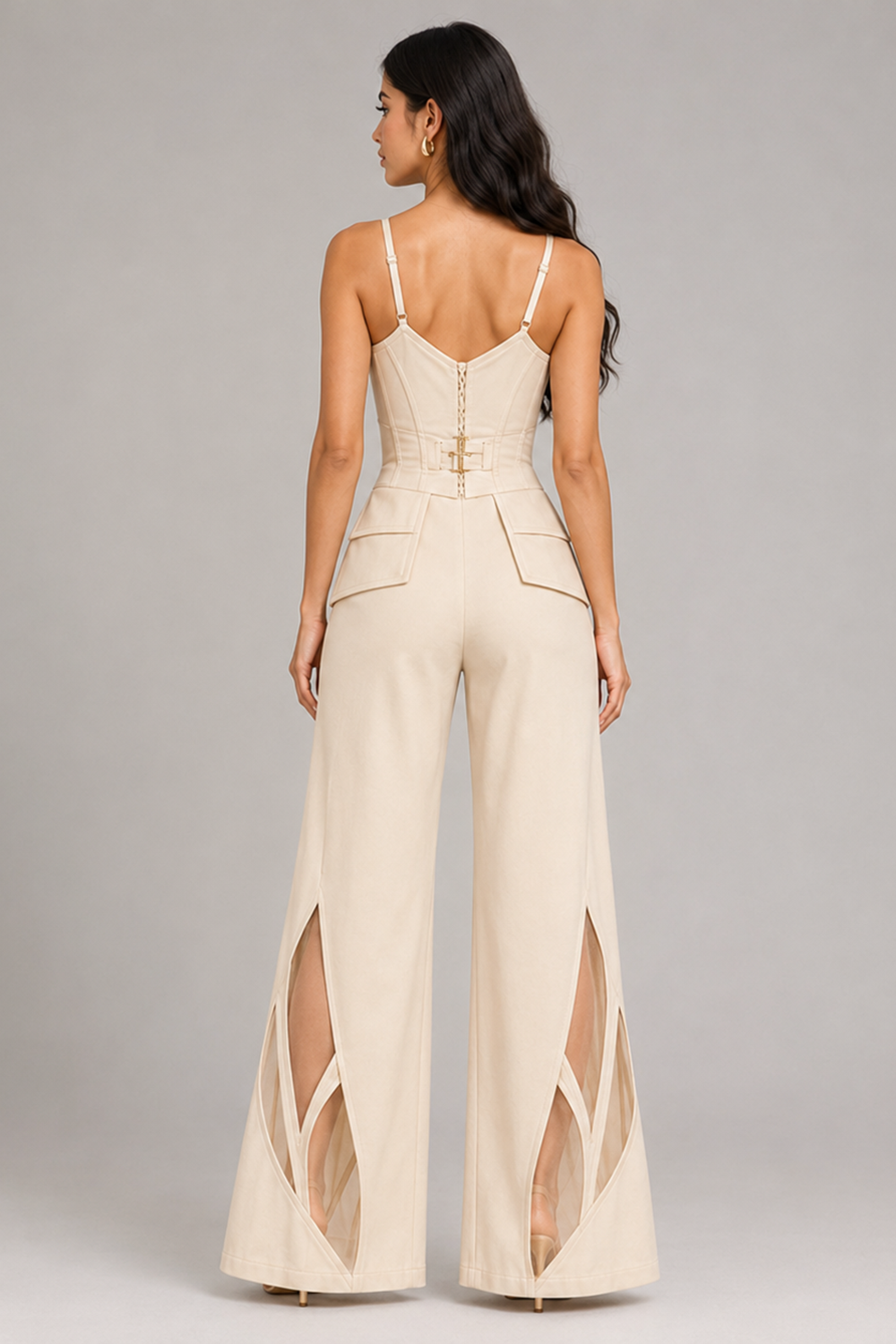 Ivory Corset Peplum Top with Wide-Leg Mesh Panel Pants Co-Ord Set