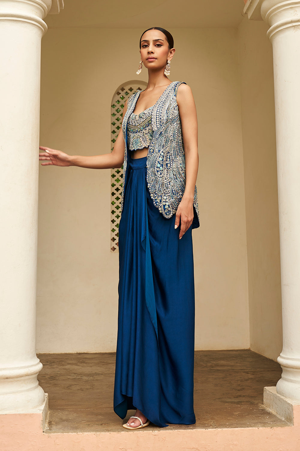 Jade Blue Embroidered Jacket Set